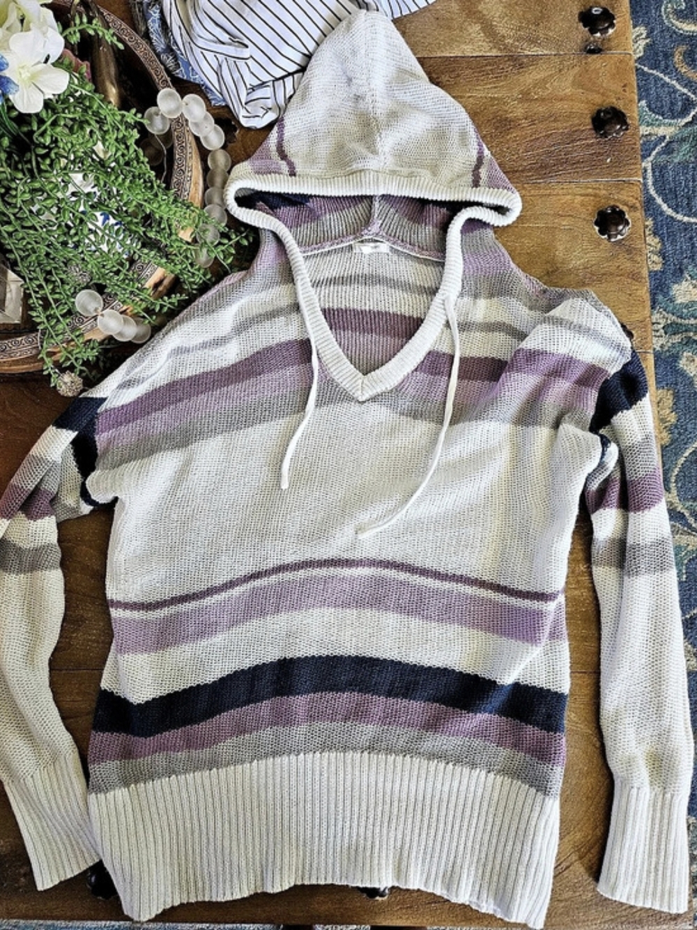 Maurices Striped Hooded Sweater in White & Purple Size Medium